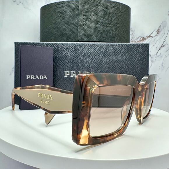 New PRADA Sunglasses Brown Beige Caramel Tortoise Gold Symbole Womens Rectangle